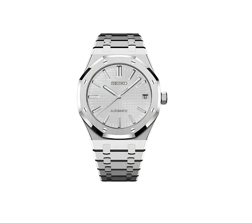 Montre Seiko automatique avec cadran argenté épuré, index et aiguilles métalliques, boîtier en acier inoxydable au design octogonal et bracelet assorti. Une pièce élégante et intemporelle.