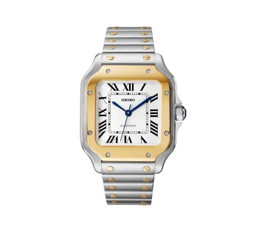 Montre Seiko avec boîtier carré en acier inoxydable et or, cadran blanc avec chiffres romains noirs, aiguilles bleues élégantes et bracelet bicolore en acier inoxydable avec vis dorées. Style classique et luxueux.