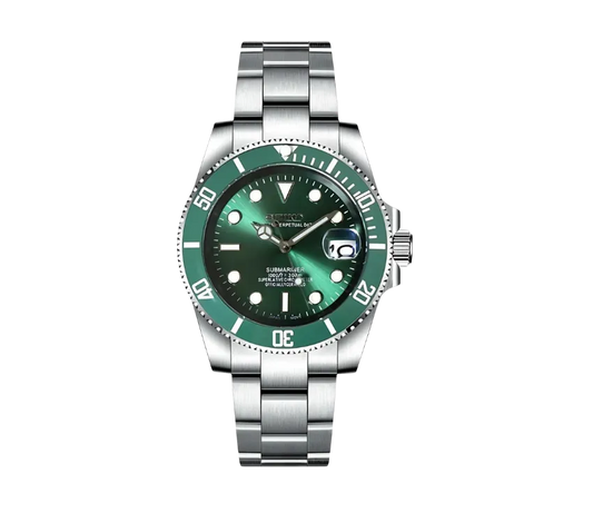 Montre Seiko Submariner avec cadran vert éclatant, lunette tournante assortie, et bracelet en acier inoxydable. Dotée d'un affichage de la date à 3 heures et d'une étanchéité jusqu'à 300 mètres, elle offre un design robuste et élégant idéal pour les amateurs de montres de plongée.