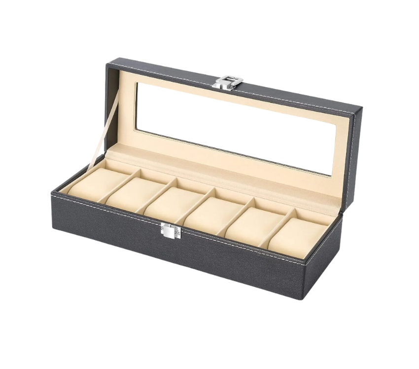 Boîte de rangement en cuir noir avec intérieur en velours beige, dotée de 6 compartiments rembourrés et d'un couvercle transparent, idéale pour protéger et organiser les montres de luxe.