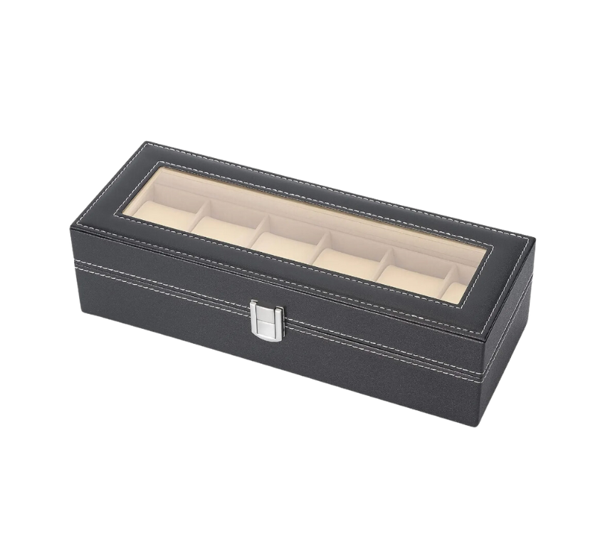 Boîte de rangement pour montres en cuir noir avec surpiqûres blanches, couvercle transparent et fermoir métallique, conçue pour organiser et protéger jusqu'à 6 montres avec élégance.