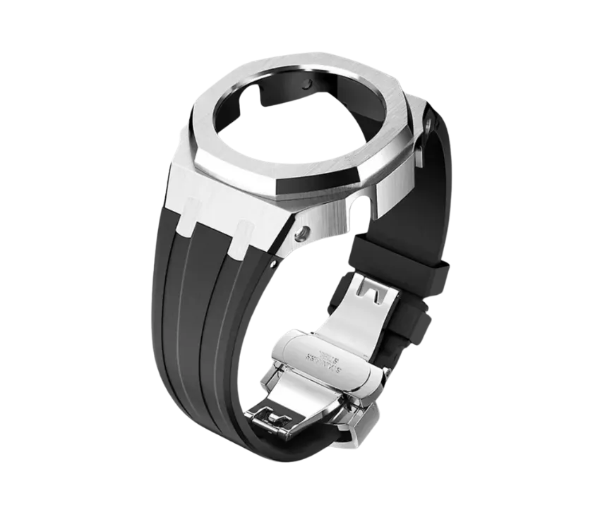 Bracelet de montre en silicone noir avec boîtier en acier inoxydable finition argentée, combinant élégance et modernité. Parfait pour personnaliser et sublimer votre montre avec un design intemporel.