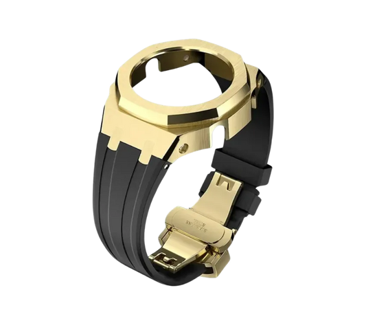 Bracelet de montre en silicone noir avec boîtier en acier inoxydable finition dorée, alliant élégance et robustesse. Parfait pour une personnalisation sophistiquée et moderne de votre montre.