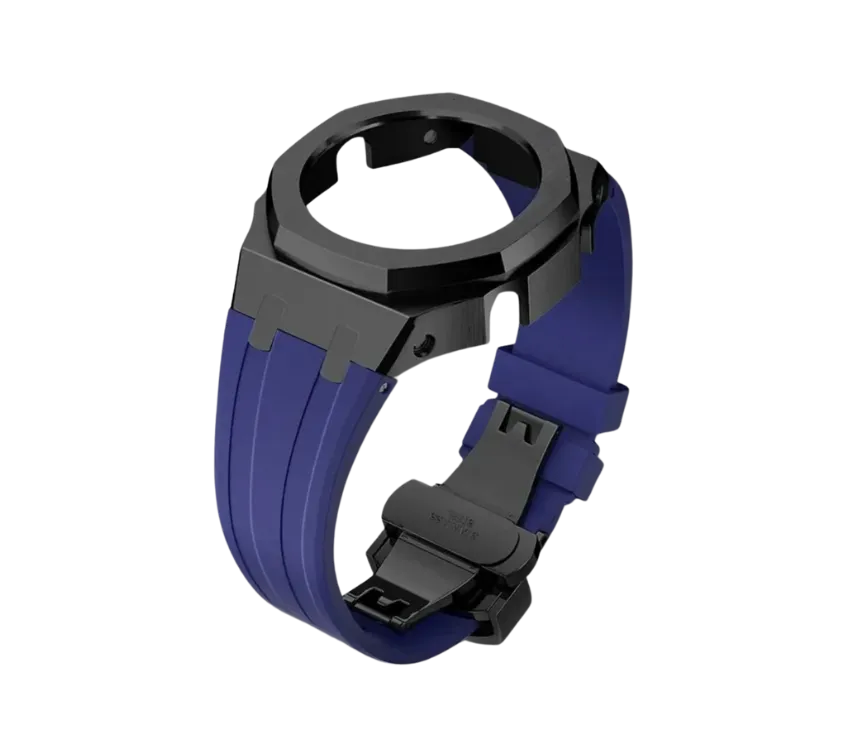 Bracelet de montre en silicone bleu avec boîtier en acier inoxydable finition noire, offrant un design moderne et élégant. Idéal pour personnaliser votre montre avec une touche unique et raffinée.