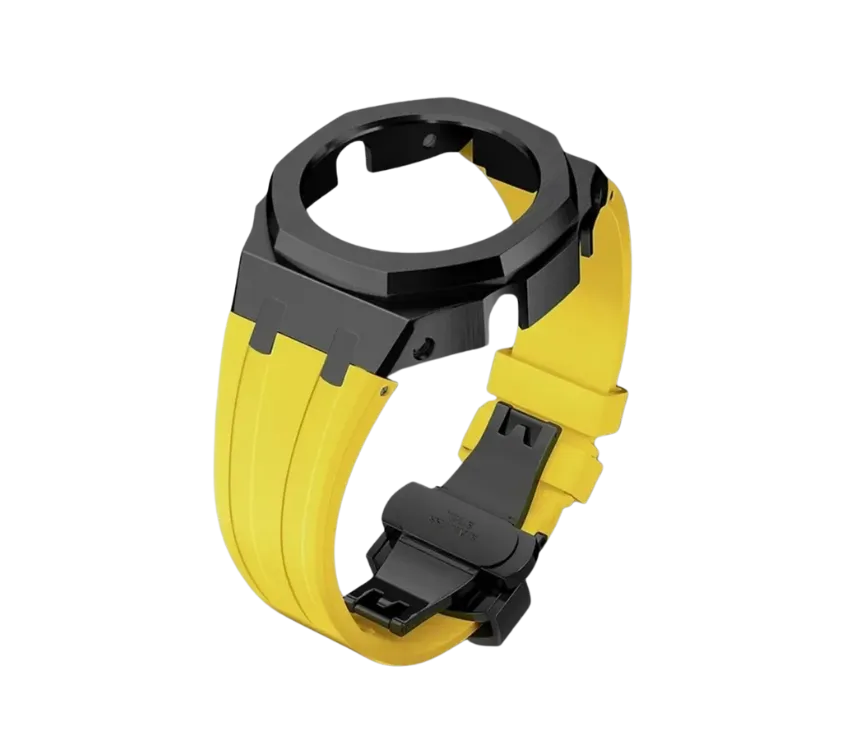 Bracelet de montre en silicone jaune avec boîtier en acier inoxydable finition noire, offrant un style audacieux et moderne. Parfait pour personnaliser votre montre avec une touche dynamique et élégante.