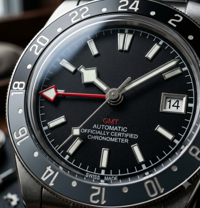 Gros plan sur le cadran de la Seiko Bruce Wayne, aiguille GMT rouge et lunette graduée 24 heures